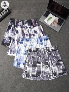Juego de 4 pantalones cortos de pijama sueltos y cómodos con estampado gráfico y de letras, cintura elástica, multicolor, para hombres - Multicolor - Ver 1