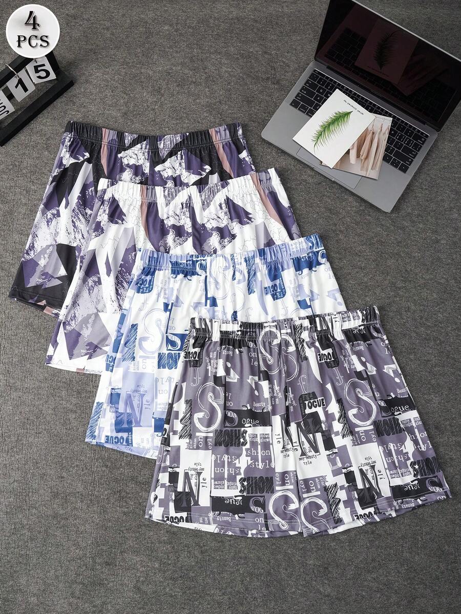 Juego de 4 pantalones cortos de pijama sueltos y cómodos con estampado gráfico y de letras, cintura elástica, multicolor, para hombres - Multicolor - Ver 1