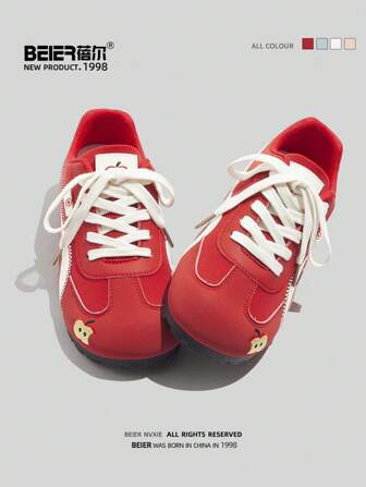 BEIER 1 Pair Contrast Color Preppy Style Faux Leather Lace-Up Casual Flats For Women, Outdoor Spring And Autumn,Sneakers For Women