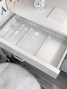 1/2/4/5/6/7 Pcs Transparent Drawer Organizer Boxes, Makeup Storage Boxes, Kitchen Utensils, Snacks, School Supplies, Drawer Divider Organizers, Desktop Organizers, Convenient For Storing Face Masks, Lipsticks, Perfumes, Makeup Brushes, Eyeshadows, Skincare Products, Stationery, Room Decor, Home Decor, Bathroom Decor, Vanity Organizers. (Pure White, Mixed With Beige Fuzz) - Clear - View 6