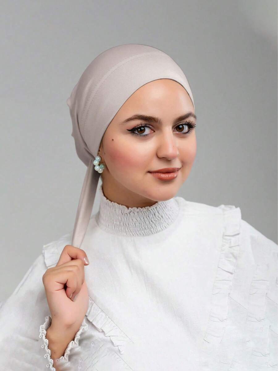 1pc Solid Color Minimalist Comfortable Drawstring Scarf Hijab Cap, Fashionable Turban Hat Suitable For Daily Life & Outdoor Activities, Women Chemo Cap For Dress,Beach,Holiday,Travel Essential,Holiday - Light Beige - View 1