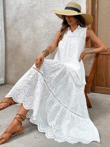 Women's Elegant Vacation Casual Everyday Solid Color Hollow Laser Cut Embroidery Splice Fringe Sleeveless V-Neck Layered Maxi Dress, Summer