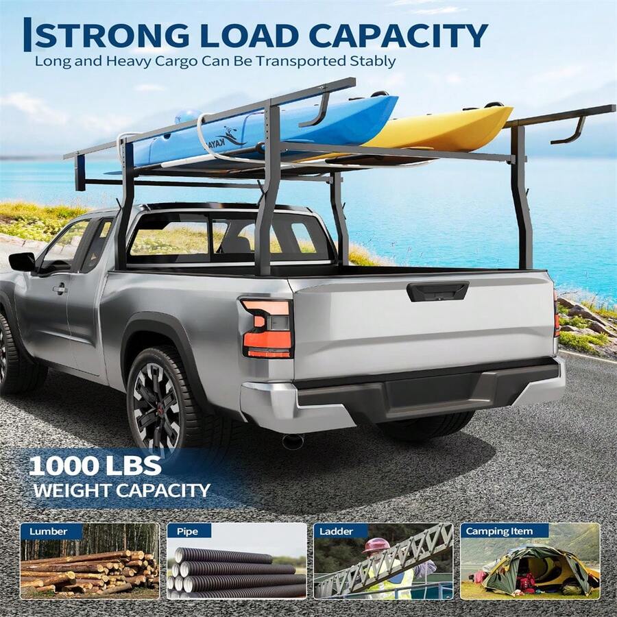 Truck Bed Ladder Rack, Non-Drilling, 1000 LBS Load Capacity, Fit Most Truck Bed Ranging From 49" To 65" Wide, Extendable Heavy Duty Steel Cargo Rack For Kayak, Surfboard, Lumber, Ladder - Black - View 1