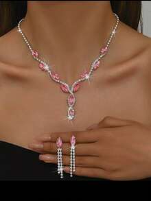 3 件套优雅粉色水晶项链、流苏耳环首饰套装适合女性、婚礼、生日、派对佩戴