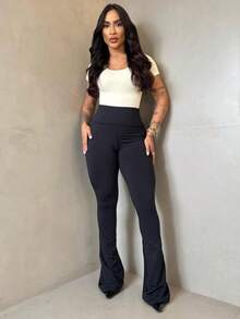 Flannel Flare Leggings, High Waist - 黑色 - 查看 1