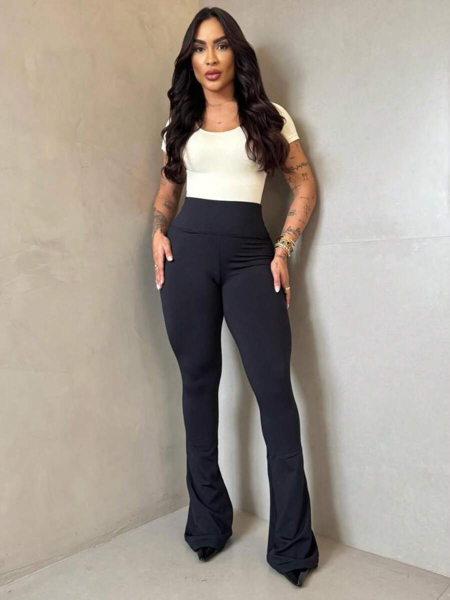 Flannel Flare Leggings, High Waist - 黑色 - 查看 1