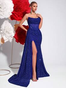 ADYCE Sequin Bandeau Hollow Out High Waist Long Tie Side Split Backless Party Evening Dress Sequin Tie Front Top - Xanh đậm - Xem 5