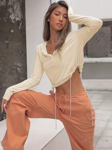 Solid Color V-Neck Long Sleeve Tie Front Fashionable T-Shirt
