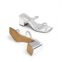 Women Rhinestone Decor Wide-Fit Minimalist Chunky Low Heeled Mule Sandals, Fashion Summer Slip On Comfortable Square Open Toe Sandals - Metallic Silver - View 2