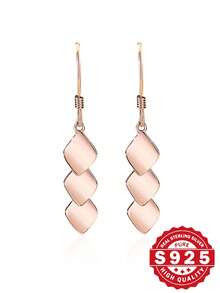 Elegant S925 Sterling Silver Rose Gold Plated Diamond-Shaped Minimalist Pendant Earrings, French Exquisite And Glossy Earrings, Hypoallergenic Jewelry Suitable For Ear Piercing, Refine Daily Outfit For Stylish And Charming Ladies. Suitable For Valentine's Day, Birthday, Anniversary, Mother's Day Gifts, Comes With A Delicate Gift Box. - Rose Gold - View 6