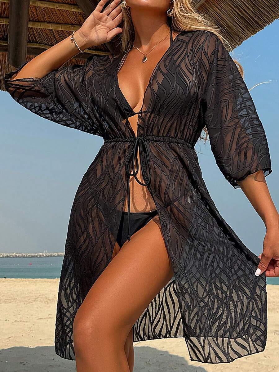 Damski jednokolorowy żakardowy narzutka plażowa z odkrytymi ramionami i długim rękawem, z wiązaniem w talii