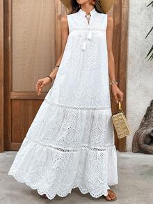 Women's Elegant Vacation Casual Everyday Solid Color Hollow Laser Cut Embroidery Splice Fringe Sleeveless V-Neck Layered Maxi Dress, Summer