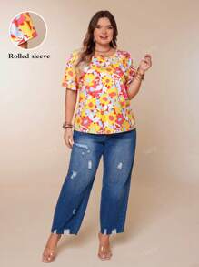 Plus Size Women's Yellow Floral Print Round Neck Casual Vacation Short Sleeve Pullover Top, Summer