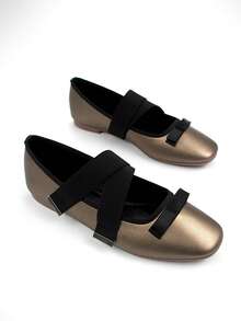 Fall/Winter Women's Fashion Colorblock Bow Decor Khaki Metallic Fabric Square Toe Colorblock Elastic Ankle Strap Casual Ballet Flats - Khaki - View 2