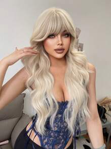 1-Piece Synthetic Heat Resistant Long Curly Wavy Hair With Bangs Wig Golden 28 Inch Fully Machine Woven Daily Natural Realistic Wig