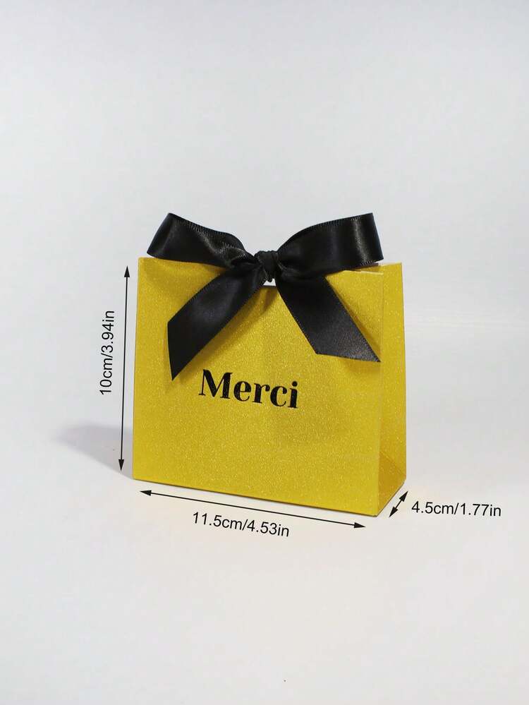 5pcs Merci Gift Box With Elegant Satin Ribbon, Yellow Glossy