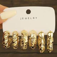 3pcs To 9pcs/Set Fashionable And Elegant European & American Style Gold Metal C-Shaped, Water Drop, Twist Design Earrings Set, Suitable For Women For Casual, Work, Party, Evening And Gifts