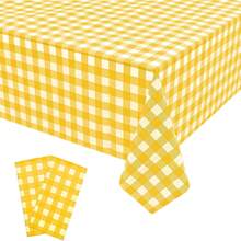 2/4pcs Yellow & Gold Color Disposable Plastic Tablecloth, Yellow & White Plaid Background, 54" X 108", Suitable For Birthday Party, Outdoor Dinner, Holiday Party Decoration