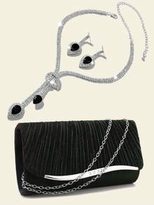 Elegant Rhinestones Necklace Earrings Bracelet Jewelry Set For Wedding Bridal Ruched Fashion Women Evening Bags Metal Chain Shoulder Clutch Bags Envelope Design Handbags Green Merry Christmas Day Handbags Purse For Gift Dress Prom Holder - Black - View 2