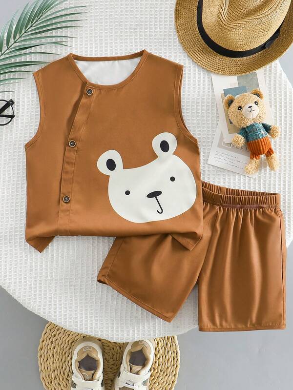 2 pezzi/set Completo casual da ragazzo con stampa di cartoni animati, composto da canotta e pantaloncini, adatto per sport all'aperto, regalo perfetto per le vacanze