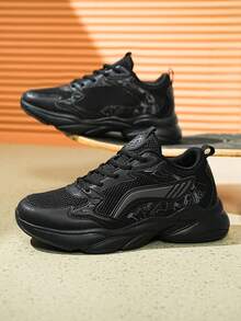 大码男士休闲运动鞋，低帮橡胶底网眼鞋，厚底运动鞋，透气健身鞋，健身房 2000 年代风格情人节创意 - 黑色 - 查看 2