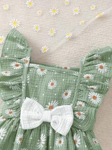 Set de 2 piezas de vestido sin mangas con pliegues en forma de corazón y moño decorativo, y sombrero lindo para niñas bebés - Conjunto de vestido de verano casual cómodo y versátil - Verde Oliva - Ver 4