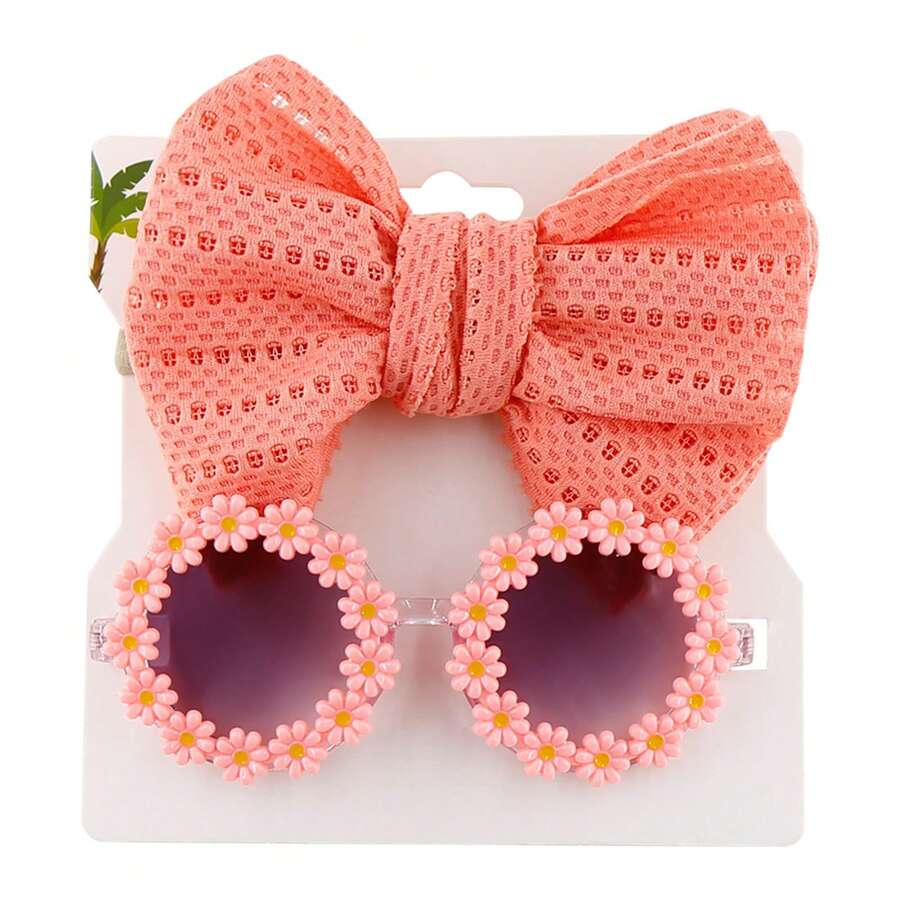 Kids Sunglasses Flower And Headbands For Baby Girls Toddler Sunglasses Sunflower Decor Anti-UV Sunglasses Matching Elastic Hollow Bow Hair Band For Boys Girls - 西瓜粉 - 查看 1