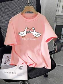 Girls' Cartoon Goose Print Short Sleeve T-Shirt, Girls' Summer Round Neck Blouse - Pink - View 7