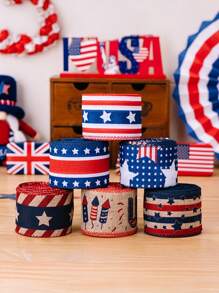 1 pieza Cinta con borde de estrellas y rayas patrióticas hecha a mano para decoración del Día de la Independencia, cinta decorativa para hacer moños, decoraciones con tema patriótico para decoración del hogar, envoltura de regalos, decoraciones navideñas