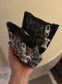 Sanrio 1pc Cute Kitty Velveted Mesh Cosmetic Bag, Portable Data Cable Organizer Pouch, Handheld Carry Bag For Outdoor