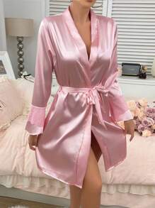 1 pieza Bata de casa negra de manga larga casual, cómoda y transpirable, sexy con lazo, Bata de casa para las cuatro estaciones: verano, otoño, invierno. Vuelta al colegio