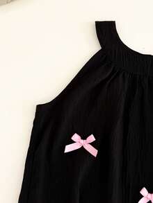 Humor Bear Girls Casual Fashionable Bowknot Neck Dress, Summer - Black - View 4