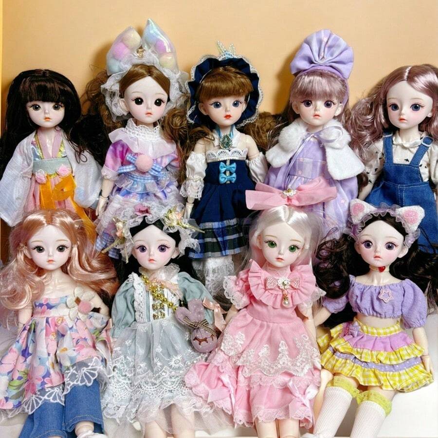 新款11.81英寸时尚娃娃BJD娃娃，可爱妆容，可动关节，裸体OB11，卡哇伊卡通动画3D逼真眼睛，漫画脸，卡哇伊娃娃服装，派对礼物，时尚美丽的薄纱连衣裙娃娃 - 彩色 - 查看 1