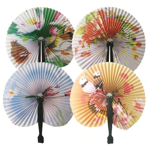 5pcs Random Color Travel Fan Chinese Style Mini Small Round Paper Fan Folding Fan With Flower, Bird, Landscape Painting Plastic Paper