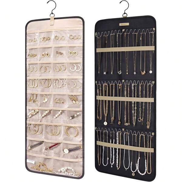 Rotolo di stoccaggio per gioielli da appendere con ganci in metallo, rastrelliera per gioielli bifacciale, per conservare orecchini, collane e anelli, può essere appeso nell'armadio, al muro o sulla porta, di grandi dimensioni, (nero/grigio/azzurro chiaro), ideale per l'organizzazione in camera da letto per il ritorno a scuola