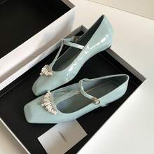 Scarpe da donna con punta quadrata, cinturino a T con perline francesi, tacco basso, Mary Jane, bocca piatta, temperamento gentile - Beige - Visualizzare 3