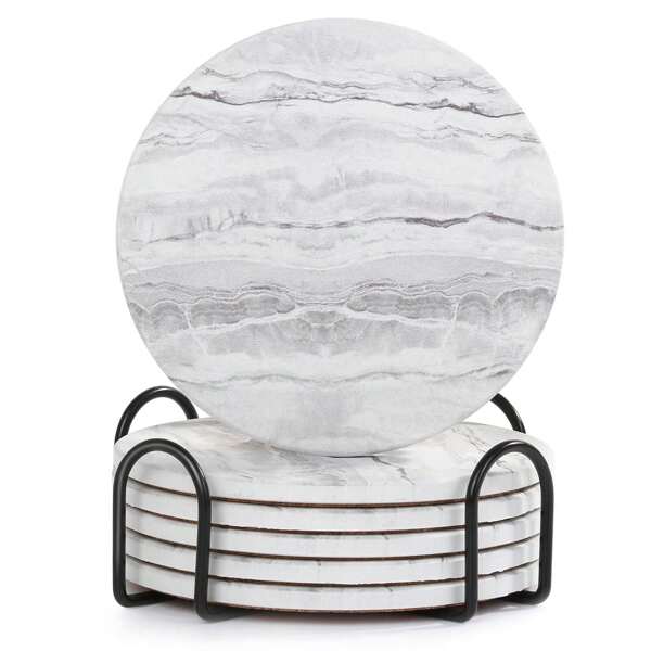 6-Piece Set Of Marble Ceramic Coasters With Brackets - Coffee Table Coasters With Brackets, Absorbent Coasters, Marble Style Ceramic Wooden Table Coasters Suitable For Various Cups, Absorbent Non Slip Beverage Coasters For Home, Restaurant, And Bar Decoration