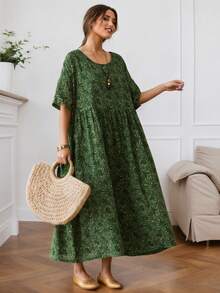 2026春节新款夏季圆领短袖印花连衣裙，波西米亚休闲度假连衣裙，女士大码日常穿着，优雅妈妈连衣裙