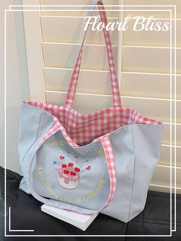 2024 New Fresh Contrasting Color Dual-Use Shoulder Bag, Large Capacity Tote Bag, Slouchy Embroidery Canvas Bag, College Student Backpack