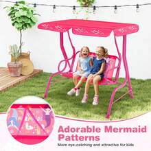 2-Seater Toddler Porch Swing Chair With Metal Stand Adjustable Canopy - Pink - View 5