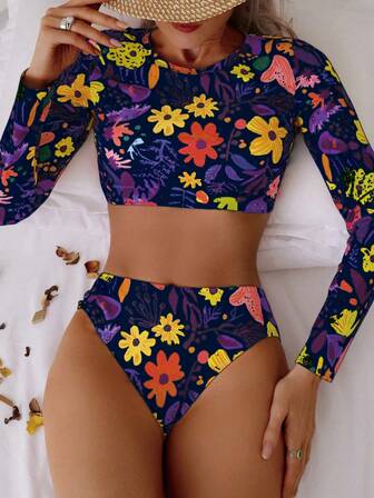 New Split Bikini Swimwear Set With Printed Crew Neck Long Sleeve