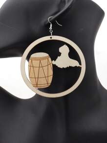 1 Pair Wooden Hollow Geographical Map Earrings, Vintage African Pattern Wooden Round Boho Earrings