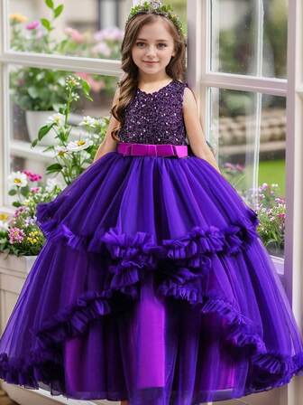 少女亮片多层薄纱连衣裙，公主派对婚礼毕业礼服，季节性