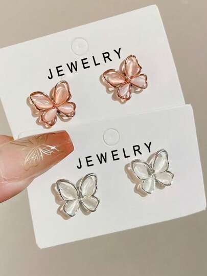 2pcs Delicate Butterfly Clip-On Earrings With Magnetic Closure, Secure, Cute & Suitable For Students And Ladies