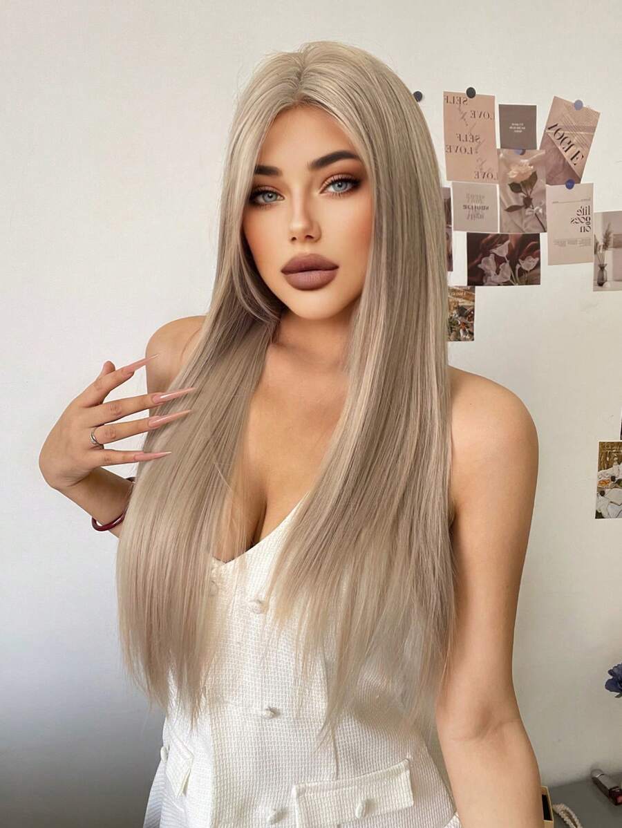 Forehead Lace 4*1, 1 Piece Synthetic Heat Resistant Straight Hair Without Bangs Blonde 28 Inch Full Weave Everyday Natural Realistic Wig
