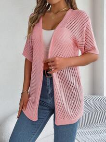 Casual Hollow-Out Knit Short Sleeve Cardigan, Spring/Summer - Pink - View 6