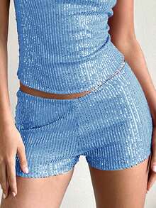 Women's Summer Low Rise Shorts Elastic Waistband Streetwear Sequins Hot Shorts - 藍色 - 查看 1