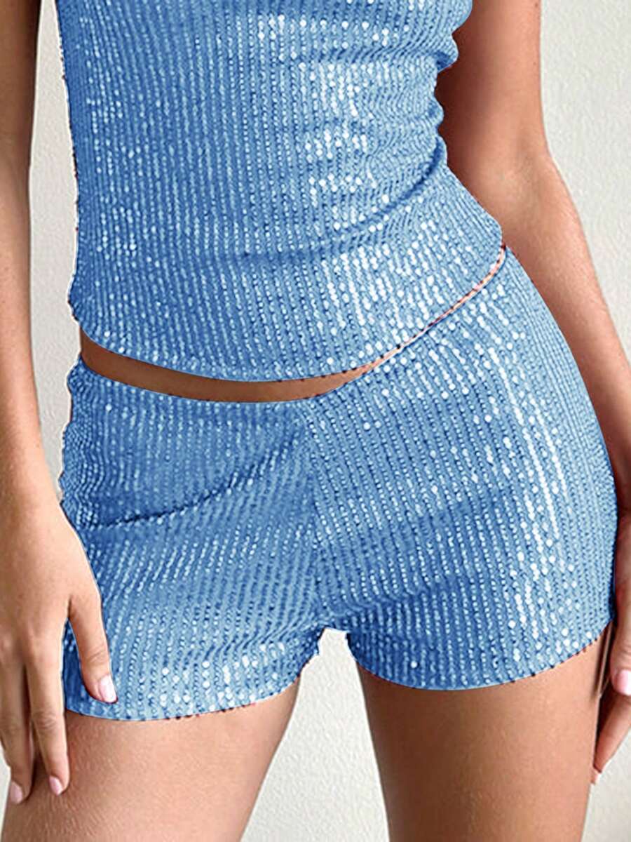 Women's Summer Low Rise Shorts Elastic Waistband Streetwear Sequins Hot Shorts - 藍色 - 查看 1