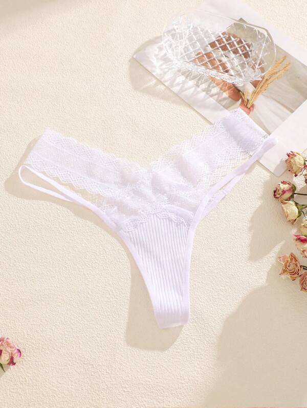 1pc Solid Color Lace Hollow Stripe Sexy Breathable High-Waist Thong For Women
