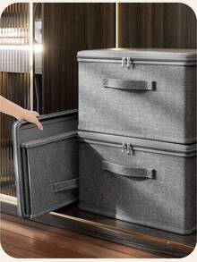 1 hộp đựng đồ đa năng màu trơn có thể gấp gọn, giặt được, có nắp đậy, sắp xếp tủ quần áo, hộp đựng quần áo di động - Xám - Xem 5